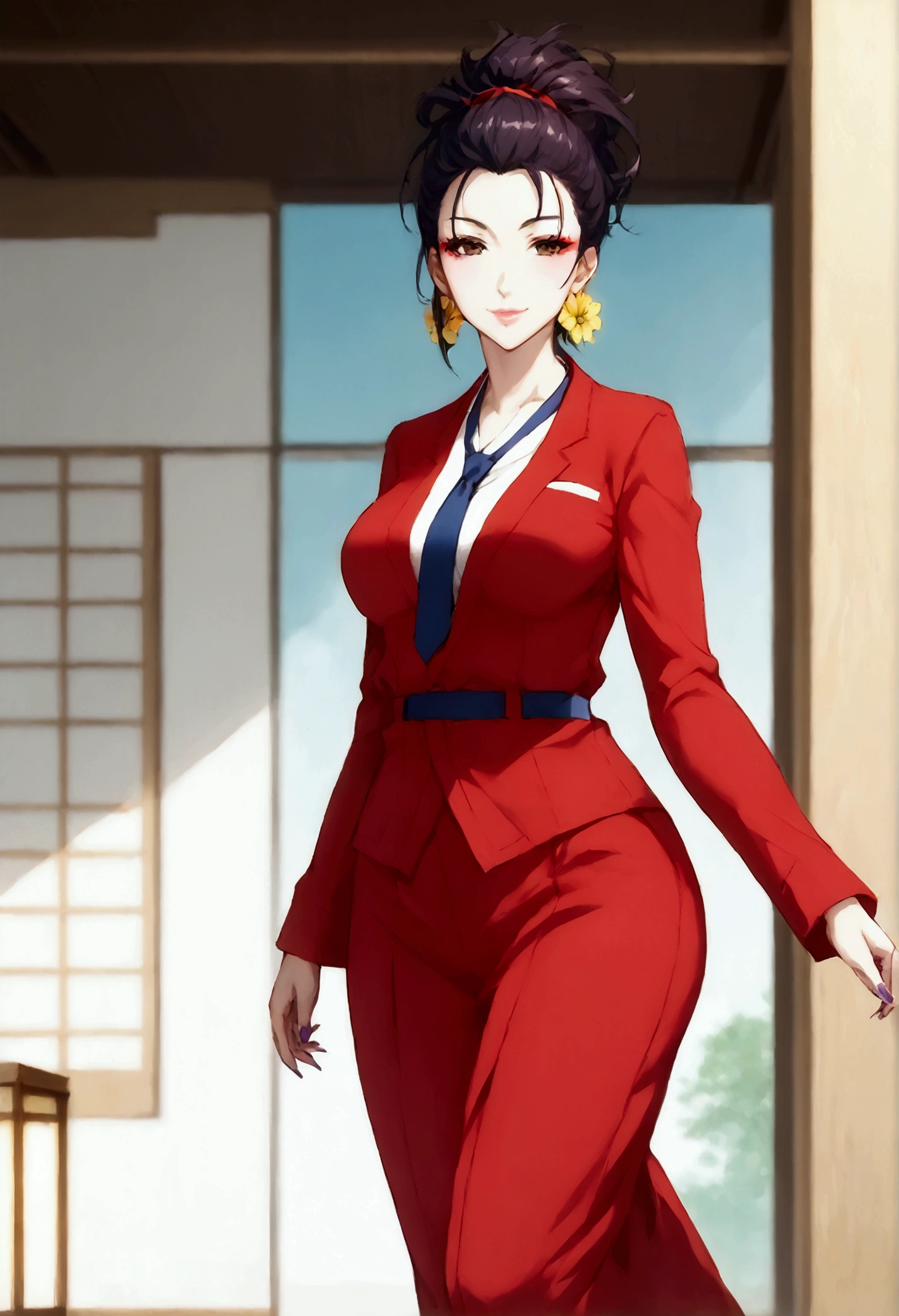 (  anime style  , anime 2d, detailed),  a beautiful high school teenager with big and beautiful breasts ,  with long black hair and beautiful fringe on the front ,  and wigs in the front that reach a little below the shoulder  ,  white skin and beautiful pink lips  , smiling,  wearing a traditional Japanese uniform similar to a white shirt partially open leaving her breasts exposed,  with a dark blue tie ,  and a green coat over her shirt similar to the Jacket of a suit  , And a gray miniskirt ,  with long black socks that reach the base of the hips  ,  with gold flower earrings on the ears  , half-closed eyes,  beautiful brown eyes  ,  looking at the viewer, with a red eyeliner ,  with a pair of long-top leather boots with red laces ,  with long purple nails . posing, standing,  the background will be at a Japanese school and the character will be on a terrace , with a large city behind with tall skyscrapers and at sunset 