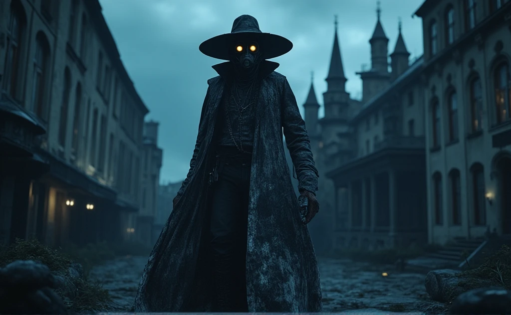 The great witch hunter. He is wearing a long ragged Black and white raincoat. He has heavy revolvers in his two hands. He wears a wide-brimmed hat on his head. There is a gas mask on his face, in which his eyes burn with gold. He walks through an empty Gothic European city at night. There is a Gothic cathedral nearby. The atmosphere is gloomy. Pale blue lighting. horror