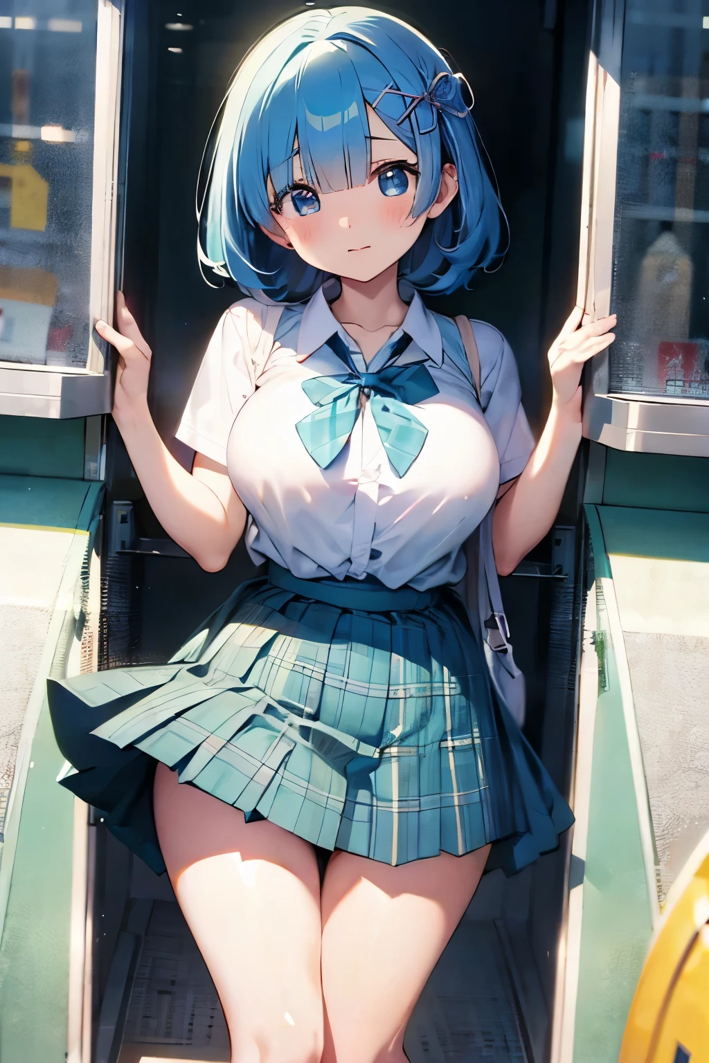 8k、Rem(Rizero)、Rem(Rizero)Hairstyle、女子高生の衣装を着たRem、 white blouse、 blue and green plaid skirt、 miniskirt、 very big breasts、