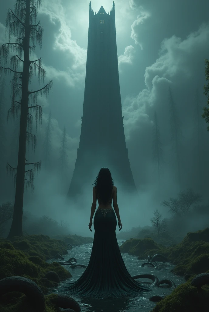 ((Masterpiece, top quality, high resolution, highly detailed CG unified 8K wallpaper)), (huge stunning goddess shot, very hot and sexy, jaw-dropping beauty, perfect proportions, beautiful body, slim body beauty:1.3), (Dark Tower, dynamic composition), Dark Tower, An eerie tower stands in the middle of the swamp. Black mist swirls around the tower. Countless tentacles wriggle in the swamp. Black clouds hang high in the sky. The princess knight is about to embark on her final battle.