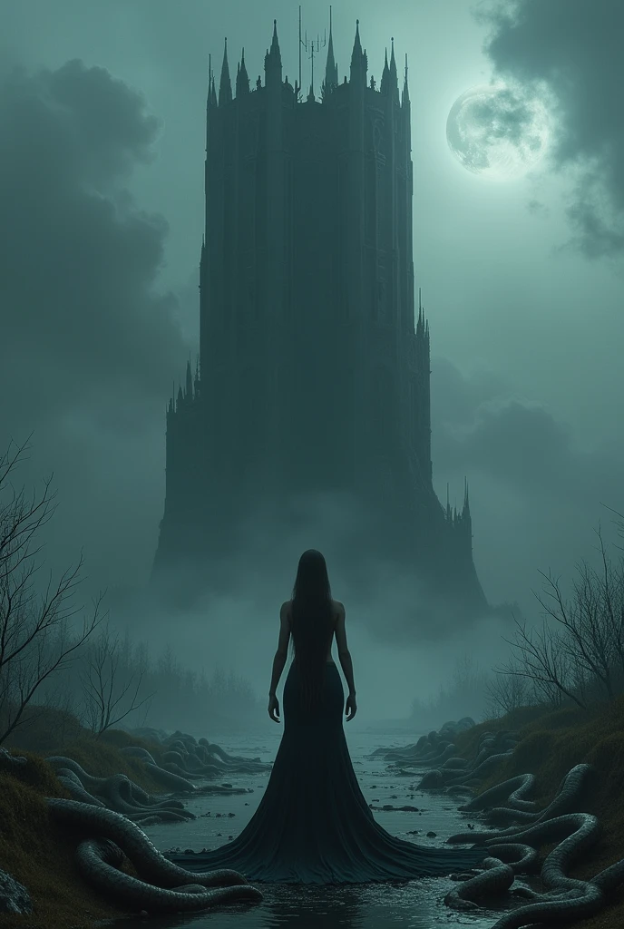 ((Masterpiece, top quality, high resolution, highly detailed CG unified 8K wallpaper)), (huge stunning goddess shot, very hot and sexy, jaw-dropping beauty, perfect proportions, beautiful body, slim body beauty:1.3), (Dark Tower, dynamic composition), Dark Tower, An eerie tower stands in the middle of the swamp. Black mist swirls around the tower. Countless tentacles wriggle in the swamp. Black clouds hang high in the sky. The princess knight is about to embark on her final battle.