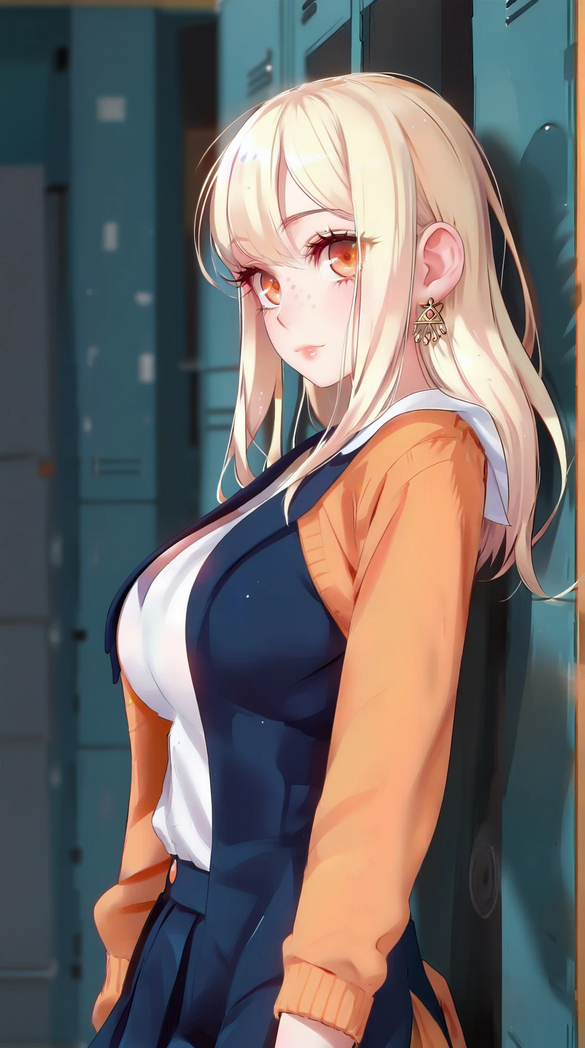 One girl、Excellent anatomy, masterpiece, Highest quality,Realistic, hyperRealistic, 16k hdr,(((skirt lift))),NSFW、Long Hair、Straight Hair、bangs、freckles、high school girl、Slender、Slender body、In the locker room, asian high school girl, huge breasts, cleavage, Lewd, horny, sexual gaze, huge breasts, cleavage, edgy graffiti graphic design with a neon pink, orange, and yellow colored palette, sexy pose, big orange eyes, ulzzang, portrait, (anime), manga, (3D), sexy, 8ｋ, Highest quality, masterpiece, Sharp focus, yellow hair, orange eyes, ((from below)), arms behind back,