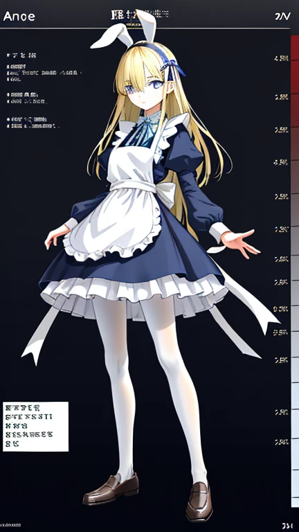 wearing white apron on light blue short skirt dress, wearing light blue short skirt dress,""wearing ribbon like black bunny ear"", "Bunny ear ribbon" is generally refers to ribbons or decorations that resemble bunny ears, and are especially popular as character and fashion items. wearing loafers, wearing white tights, sky bule eyes, blonde hair, crossed bangs, long hair, mole under eye, mismatched pupils, sleepy, expressionless, anime, anime style, move chart, UHD, retina, masterpiece, accurate, anatomically correct, super detail, high details, high quality, best quality, highres, 1080P, 16k, HD