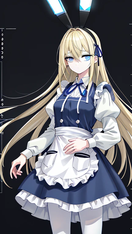 wearing white apron on light blue short skirt dress, wearing light blue short skirt dress,""wearing ribbon like black bunny ear"", "Bunny ear ribbon" is generally refers to ribbons or decorations that resemble bunny ears, and are especially popular as character and fashion items. wearing loafers, wearing white tights, sky bule eyes, blonde hair, crossed bangs, long hair, mole under eye, mismatched pupils, sleepy, expressionless, anime, anime style, move chart, UHD, retina, masterpiece, accurate, anatomically correct, super detail, high details, high quality, best quality, highres, 1080P, 16k, HD