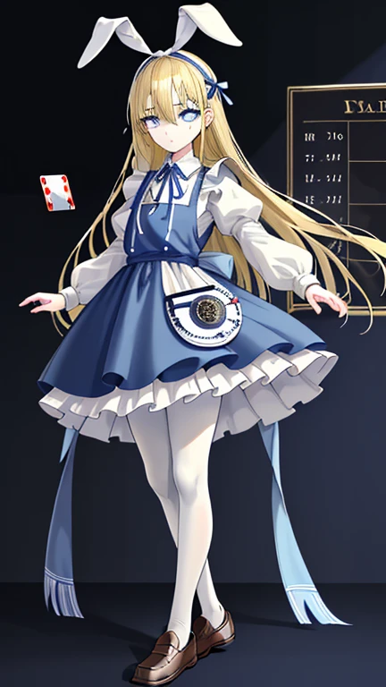 wearing white apron on light blue short skirt dress, wearing light blue short skirt dress,""wearing ribbon like black bunny ear"", "Bunny ear ribbon" is generally refers to ribbons or decorations that resemble bunny ears, and are especially popular as character and fashion items. wearing loafers, wearing white tights, sky bule eyes, blonde hair, crossed bangs, long hair, mole under eye, mismatched pupils, sleepy, expressionless, anime, anime style, move chart, UHD, retina, masterpiece, accurate, anatomically correct, super detail, high details, high quality, best quality, highres, 1080P, 16k, HD