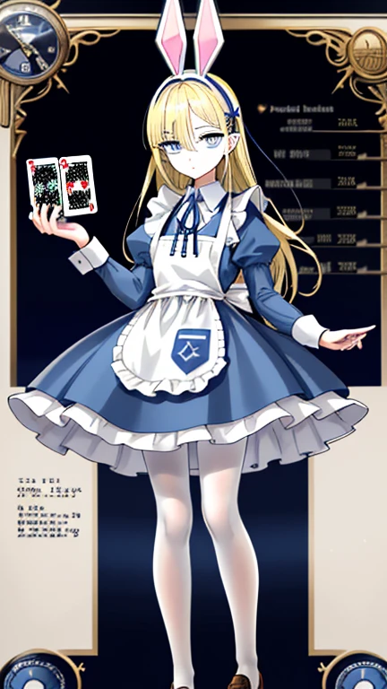 a giant pocket watch stands behind him, and playing cards fly all around him.wearing white apron on light blue short skirt dress, wearing light blue short skirt dress,""wearing ribbon like black bunny ear"", "Bunny ear ribbon" is generally refers to ribbons or decorations that resemble bunny ears, and are especially popular as character and fashion items. wearing loafers, wearing white tights, sky bule eyes, blonde hair, crossed bangs, long hair, mole under eye, mismatched pupils, sleepy, expressionless, anime, anime style, move chart, UHD, retina, masterpiece, accurate, anatomically correct, super detail, high details, high quality, best quality, highres, 1080P, 16k, HD