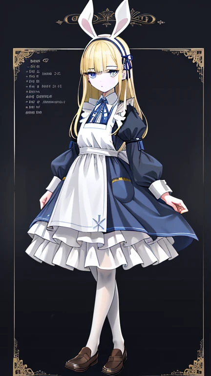 wearing white apron on light blue short skirt dress, wearing light blue short skirt dress,""wearing ribbon like black bunny ear"", "Bunny ear ribbon" is generally refers to ribbons or decorations that resemble bunny ears, and are especially popular as character and fashion items. wearing loafers, wearing white tights, sky bule eyes, blonde hair, crossed bangs, long hair, mole under eye, mismatched pupils, sleepy, expressionless, anime, anime style, move chart, UHD, retina, masterpiece, accurate, anatomically correct, super detail, high details, high quality, best quality, highres, 1080P, 16k, HD