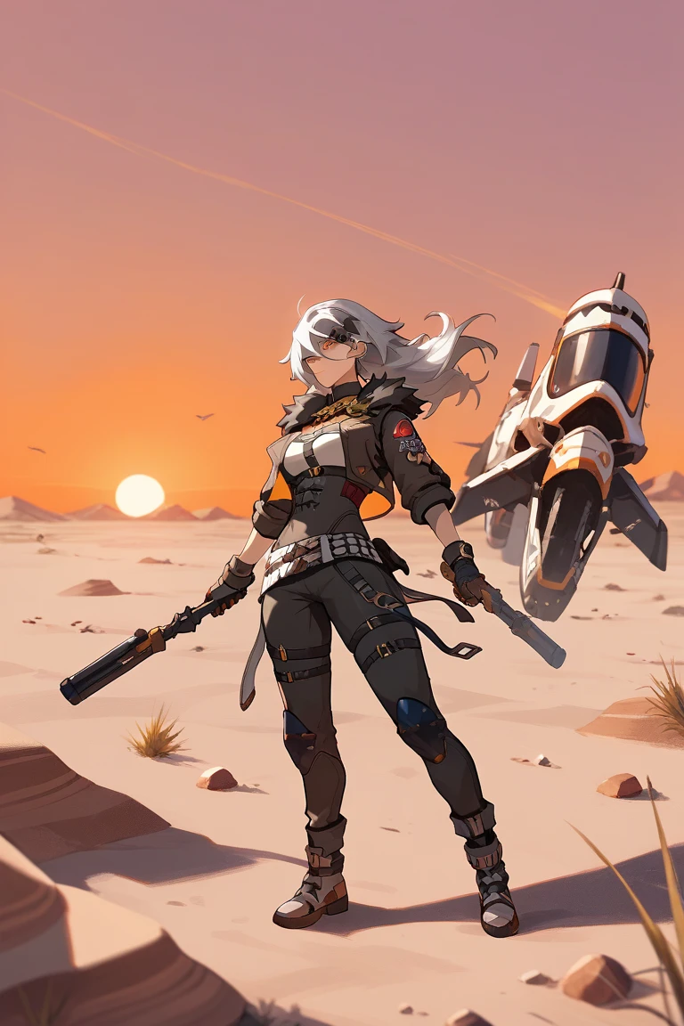 Caesar King (Zenless Zone Zero), medium long hair, gray hair, orange eyes, black gloves, desert, sunset

