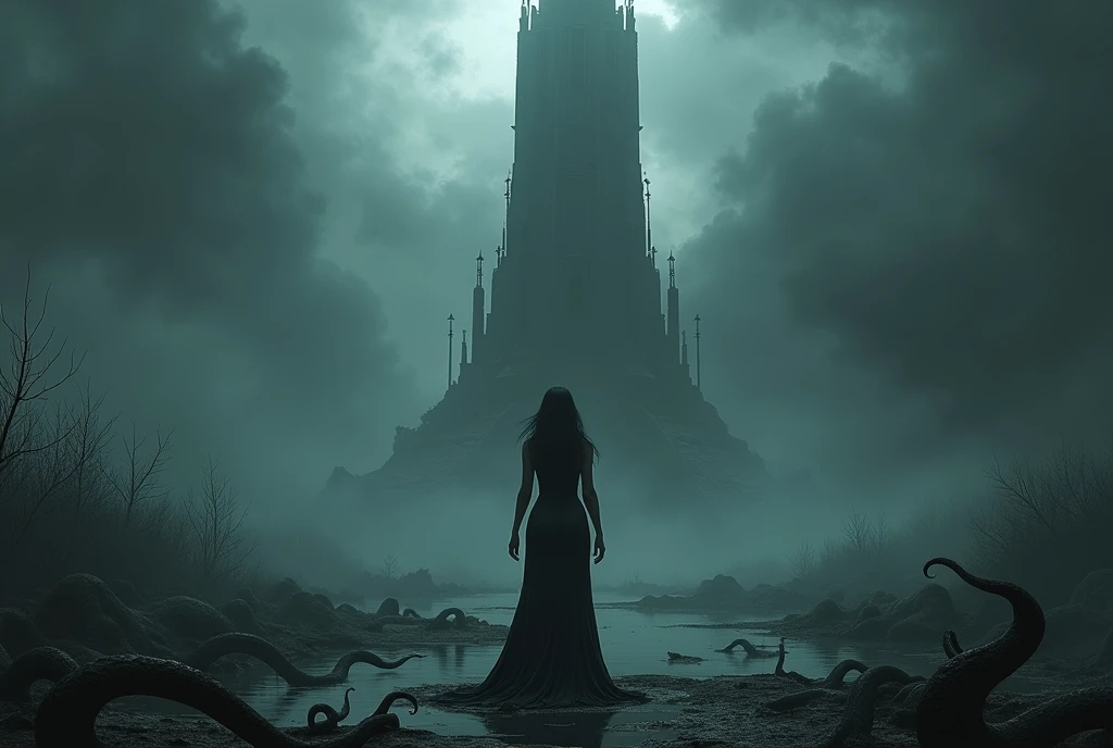 ((Masterpiece, top quality, high resolution, highly detailed CG unified 8K wallpaper)), (huge stunning goddess shot, very hot and sexy, jaw-dropping beauty, perfect proportions, beautiful body, slim body beauty:1.3), (Dark Tower, dynamic composition), Dark Tower, An eerie tower stands in the middle of a swamp. A black mist swirls around the tower, and black clouds hang over the sky. The princess knight is about to embark on her final battle.