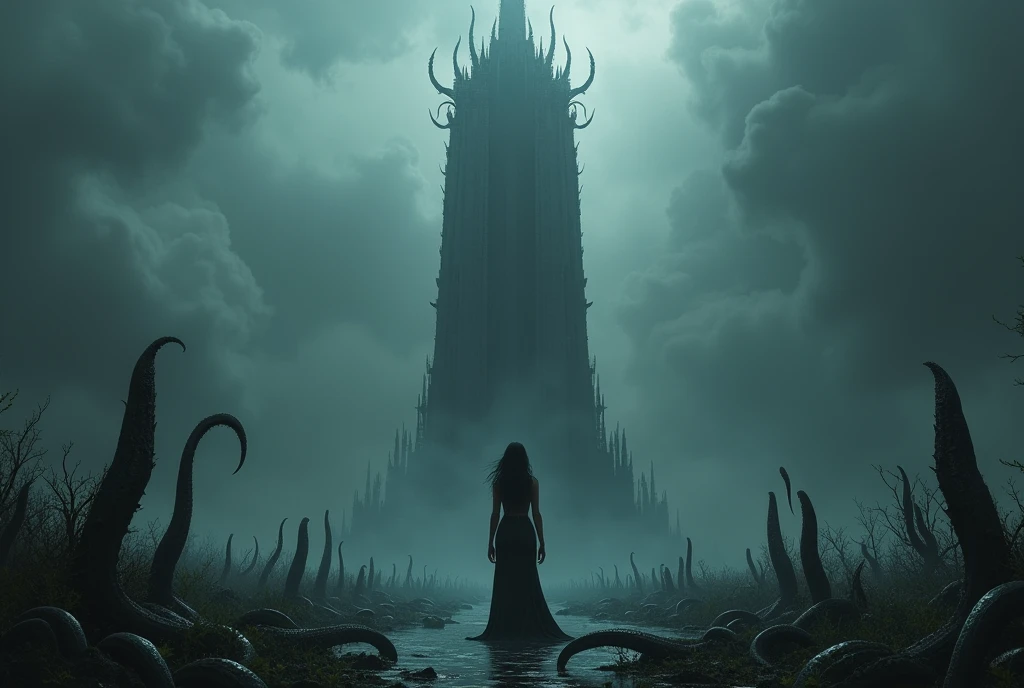 ((Masterpiece, top quality, high resolution, highly detailed CG unified 8K wallpaper)), (huge stunning goddess shot, very hot and sexy, jaw-dropping beauty, perfect proportions, beautiful body, slim body beauty:1.3), (Dark Tower, dynamic composition), Dark Tower, An eerie tower stands in the middle of the swamp. Black mist swirls around the tower. Countless tentacles wriggle in the swamp. Black clouds hang high in the sky. The princess knight is about to embark on her final battle.