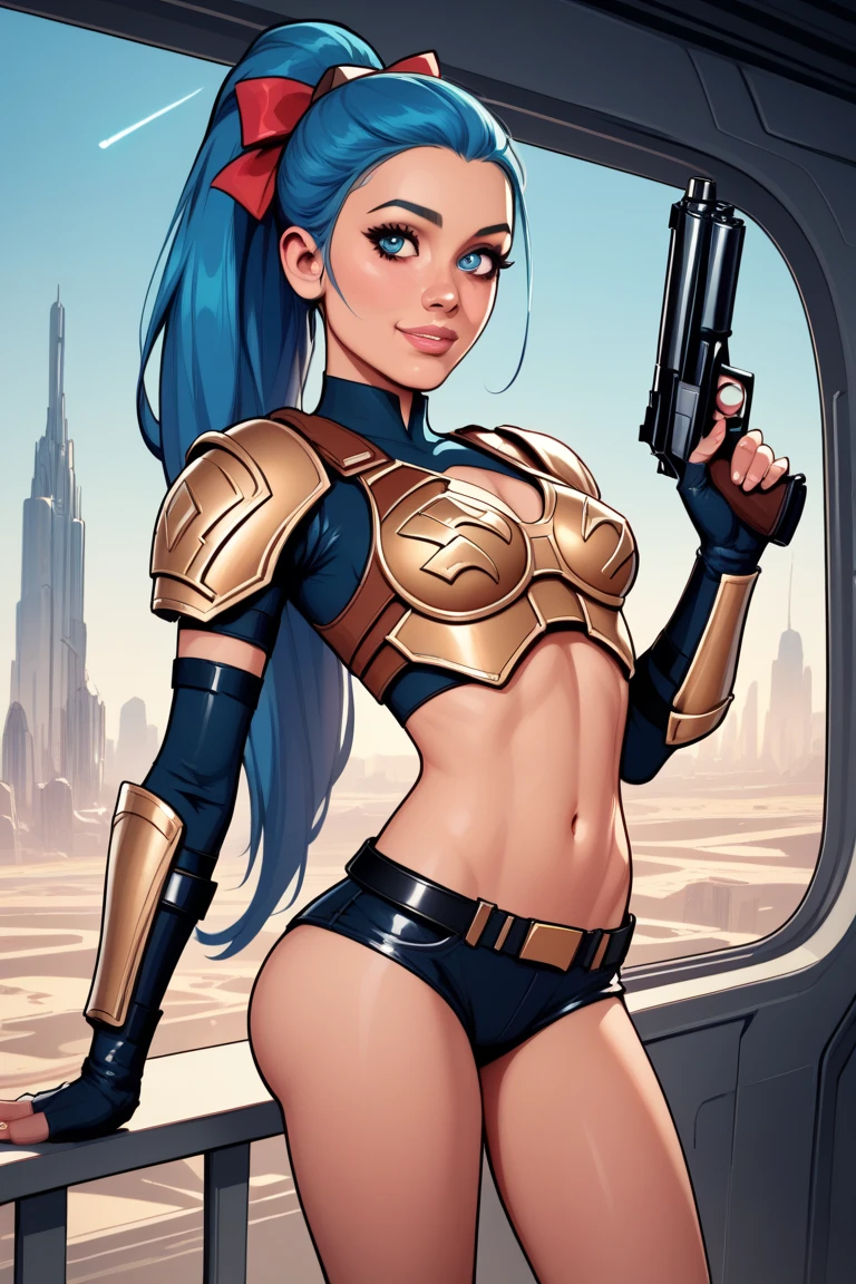 ((Highest quality)), ((young girl:1.5)), 18 year old, petite young gymnast, perky breasts, ((skinny, skinny tight ass, thigh gap)), star wars mercenary, futuristic armor, chest armor, micro shorts, large hand gun, blue hair in a very long ponytail tide up with a ribbon, facing viewer, sweet and alluring innocent, ((aroused expression)), star wars cityscape at night