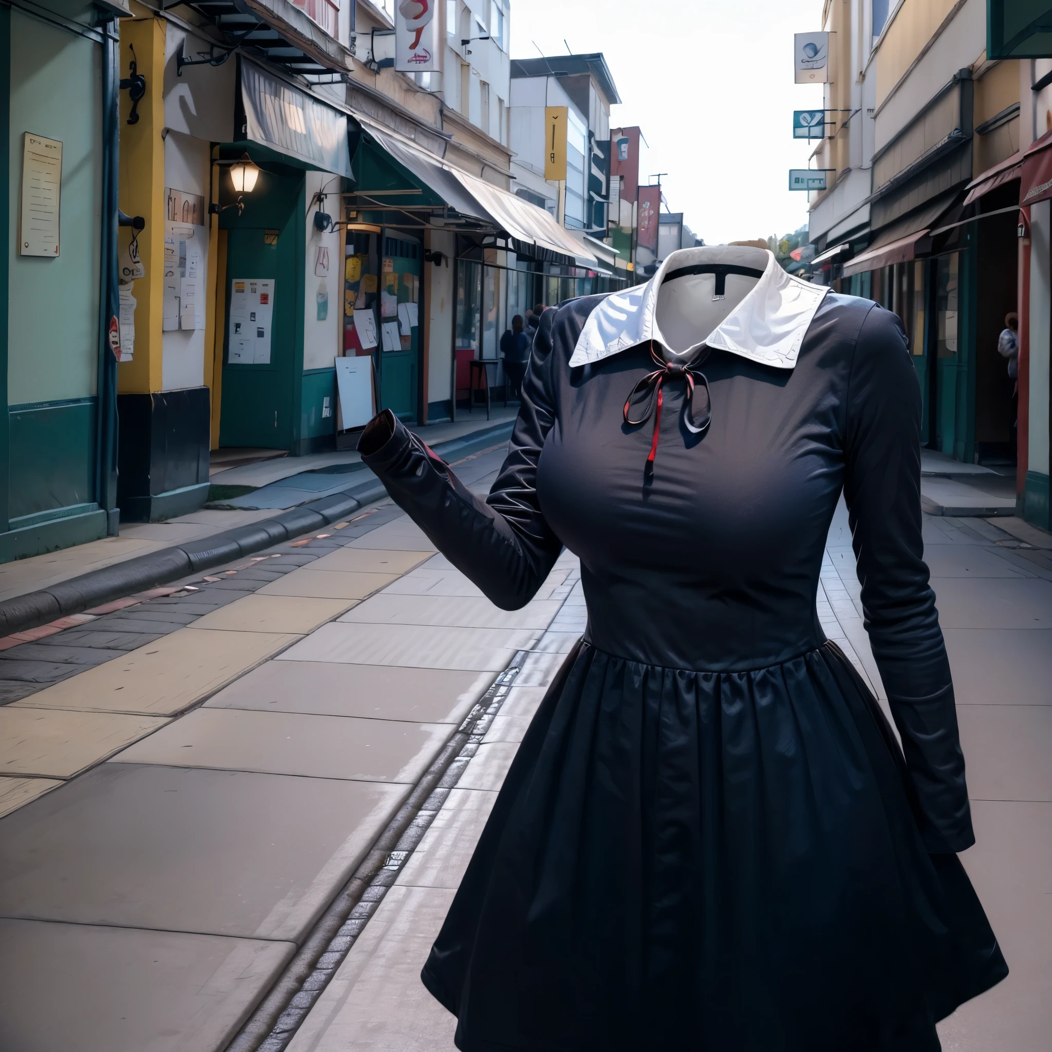 (invisible, no humans, headless, handless, faceless:1.5), masterpiece, best quality, highres, chika1, fujiwara chika, school uniform, black dress, red ribbon, long sleeves, blunt bangs, neck ribbon, collared dress,cowboy shot, standing, in city, (close-up to breasts)