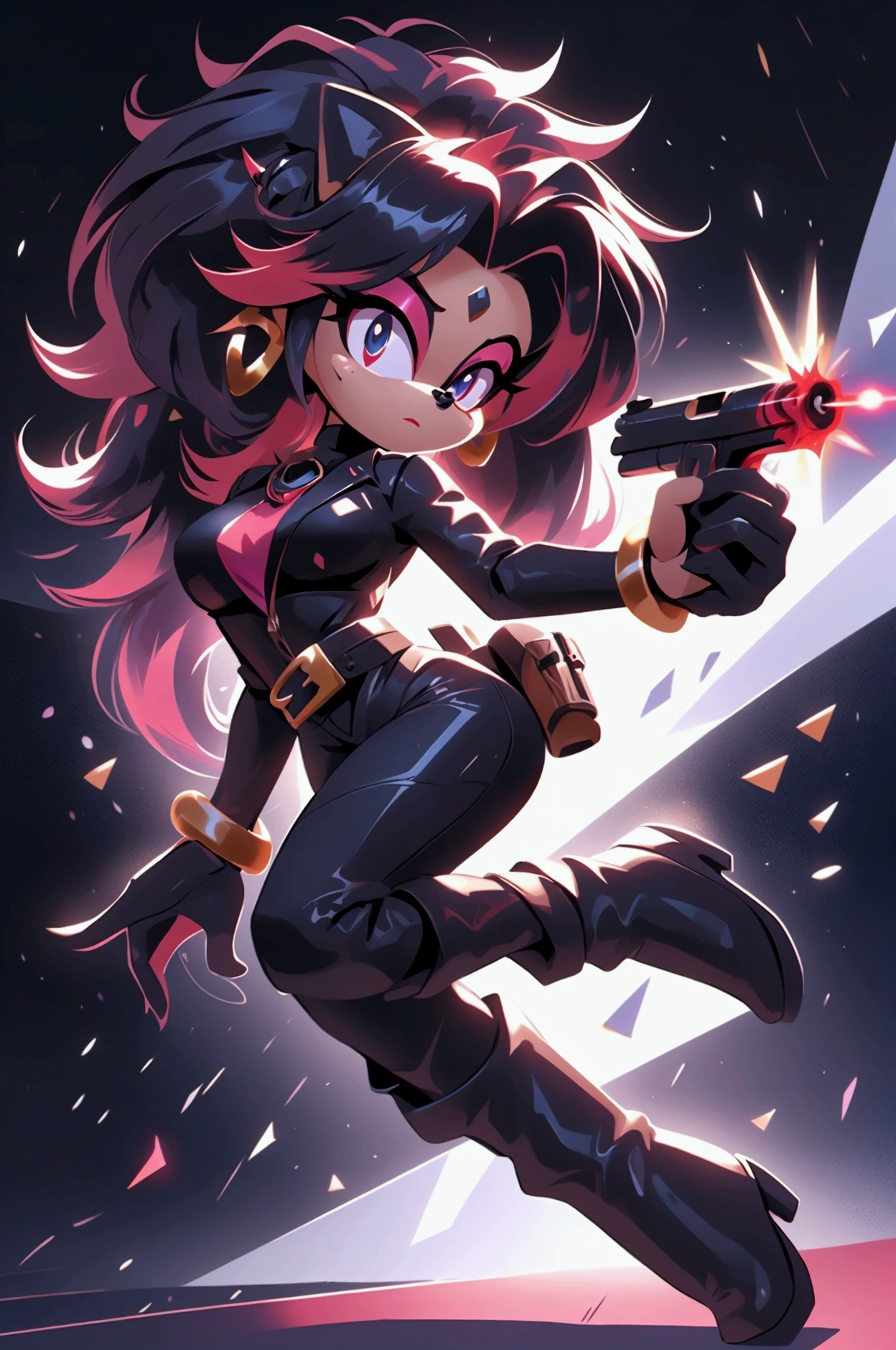 A female character with characteristics used in the IDW's Sonic universe.whole body.CHARACTERISTICS;hedgehog .spy outfit;Oshen-i,bracelet, gadget belt,necklase,earrings, leather.clothes, high boots, colors are ;black and red streaks, red highlights in her hair, she has the unique ability to shape-shift into whatever she desires making her an expert in stealth and a master of disguise, her design should reflect this. Dynamic pose, holding a gun, aiming, laser 