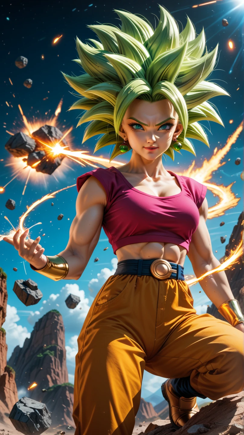 Full body image 9:16- Fusion of Caulifla and Kale(Dragon ball)
" In an alien setting of a universal tournament ,  Kale and Caula are surrounded by an energy vibrant green and gold as they put on the Potara earrings.  An explosion of light obfuscates the setting , revealing Kefla ,  with hair shining in shades of green and gold in its form Super Saiyan .  The battlefield is covered with floating debris ,  and your gaze is one of pure confidence as you challenge your opponents .  The brightness of your aura illuminates all the surrounding space ."