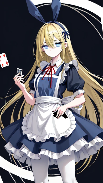 a giant pocket watch stands behind him, and playing cards fly all around him.wearing white apron on light blue short skirt dress, wearing light blue short skirt dress,""wearing ribbon like black bunny ear"", "Bunny ear ribbon" is generally refers to ribbons or decorations that resemble bunny ears, and are especially popular as character and fashion items. wearing loafers, wearing white tights, sky bule eyes, blonde hair, crossed bangs, long hair, mole under eye, mismatched pupils, sleepy, expressionless, anime, anime style, move chart, UHD, retina, masterpiece, accurate, anatomically correct, super detail, high details, high quality, best quality, highres, 1080P, 16k, HD