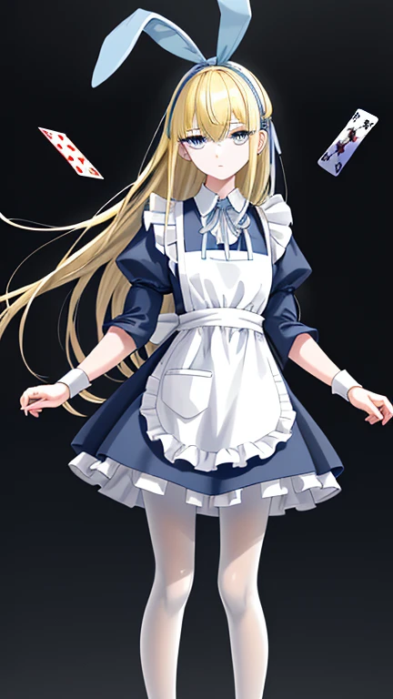 a giant pocket watch stands behind him, and playing cards fly all around him.wearing white apron on light blue short skirt dress, wearing light blue short skirt dress,""wearing ribbon like black bunny ear"", "Bunny ear ribbon" is generally refers to ribbons or decorations that resemble bunny ears, and are especially popular as character and fashion items. wearing loafers, wearing white tights, sky bule eyes, blonde hair, crossed bangs, long hair, mole under eye, mismatched pupils, sleepy, expressionless, anime, anime style, move chart, UHD, retina, masterpiece, accurate, anatomically correct, super detail, high details, high quality, best quality, highres, 1080P, 16k, HD