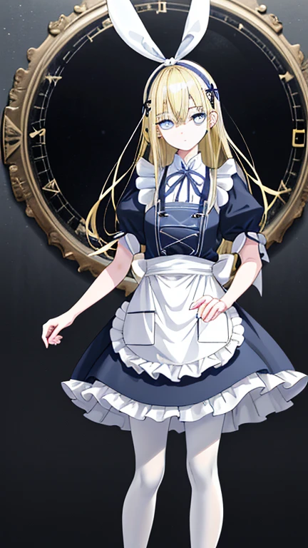 a giant pocket watch stands behind him, and playing cards fly all around him.wearing white apron on light blue short skirt dress, wearing light blue short skirt dress,""wearing ribbon like black bunny ear"", "Bunny ear ribbon" is generally refers to ribbons or decorations that resemble bunny ears, and are especially popular as character and fashion items. wearing loafers, wearing white tights, sky bule eyes, blonde hair, crossed bangs, long hair, mole under eye, mismatched pupils, sleepy, expressionless, anime, anime style, move chart, UHD, retina, masterpiece, accurate, anatomically correct, super detail, high details, high quality, best quality, highres, 1080P, 16k, HD