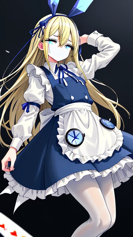 a giant pocket watch stands behind him, and playing cards fly all around him.wearing white apron on light blue short skirt dress, wearing light blue short skirt dress,""wearing ribbon like black bunny ear"", "Bunny ear ribbon" is generally refers to ribbons or decorations that resemble bunny ears, and are especially popular as character and fashion items. wearing loafers, wearing white tights, sky bule eyes, blonde hair, crossed bangs, long hair, mole under eye, mismatched pupils, sleepy, expressionless, anime, anime style, move chart, UHD, retina, masterpiece, accurate, anatomically correct, super detail, high details, high quality, best quality, highres, 1080P, 16k, HD