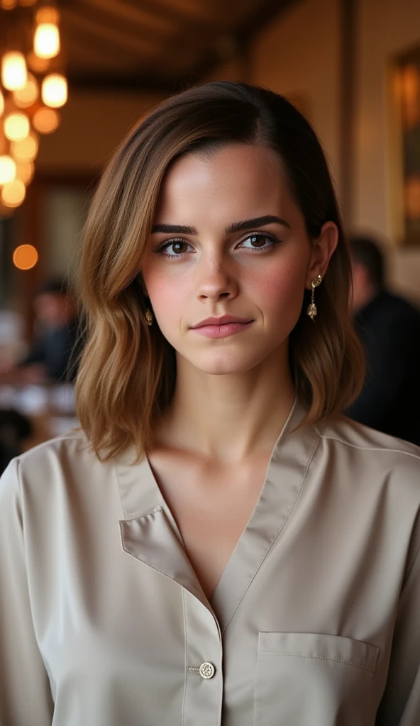 beautiful detailed photograph, styled shoulder length hair. strands of hair framing her face. Makeup. She is wearing a chic blouse,  standing in a cafe looking at the viewer.