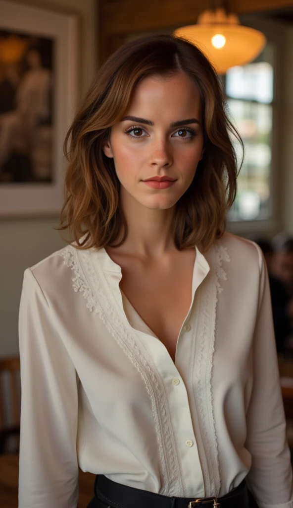 beautiful detailed photograph, styled shoulder length hair. strands of hair framing her face. Makeup. She is wearing a chic blouse,  standing in a cafe looking at the viewer.