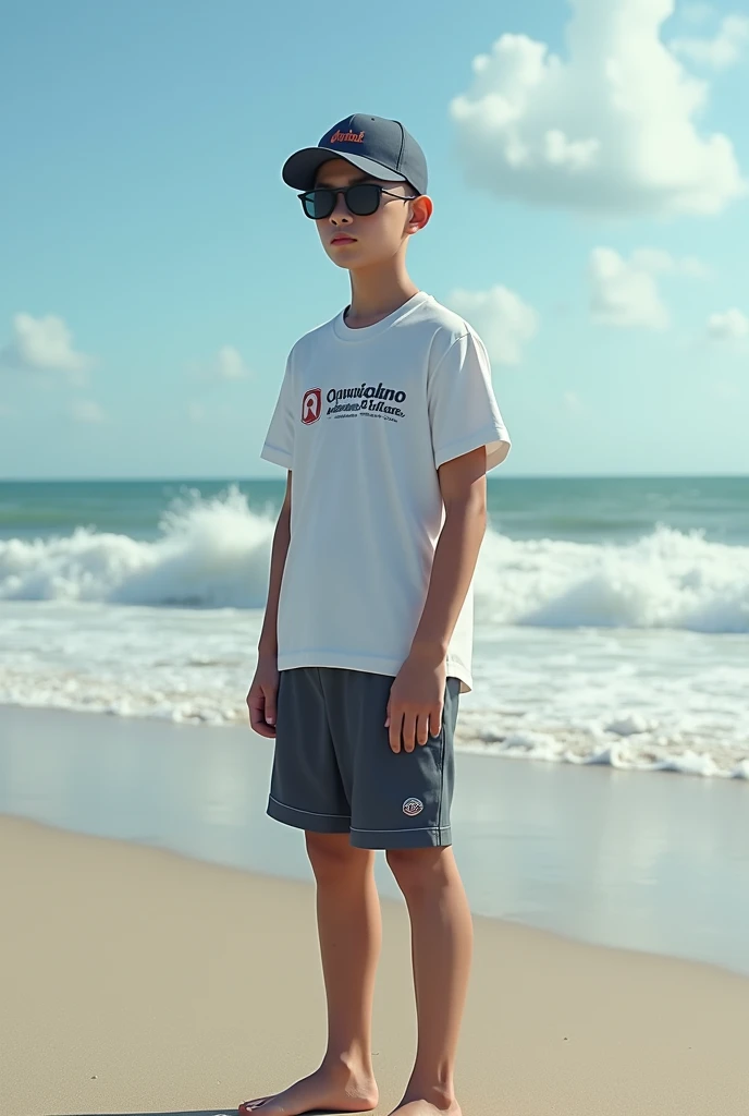 A tanned 11-year-old Japanese boy modeling for a full-body photo shoot in shorts during summer vacation