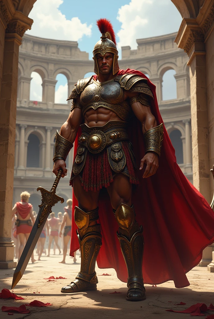 a classical oil painting of achilles sneaking, (spartan champion warrior), old spartan armor, double-plumed spartan helmet, helmet spikes, engraved iron cuirass, engraved, with crimson and black details, blood spattered, holding a sword, longsword, (black | navy-blue) cloak, full body portrait, full height photograph, perfect lighting, highly detailed, intricate, facing viewer, masterpiece, 4K, 8K, artstation, lost aztec jungle temple background, full shot, sandals, albert bierstadt, greg rutkowski, (in the style of Clyde Caldwell) <lora:Spartan_Armor_XL:0.6> <lora:RPGGuardsXL:0.1> <lora:xl_more_art-full_v1:0.2>