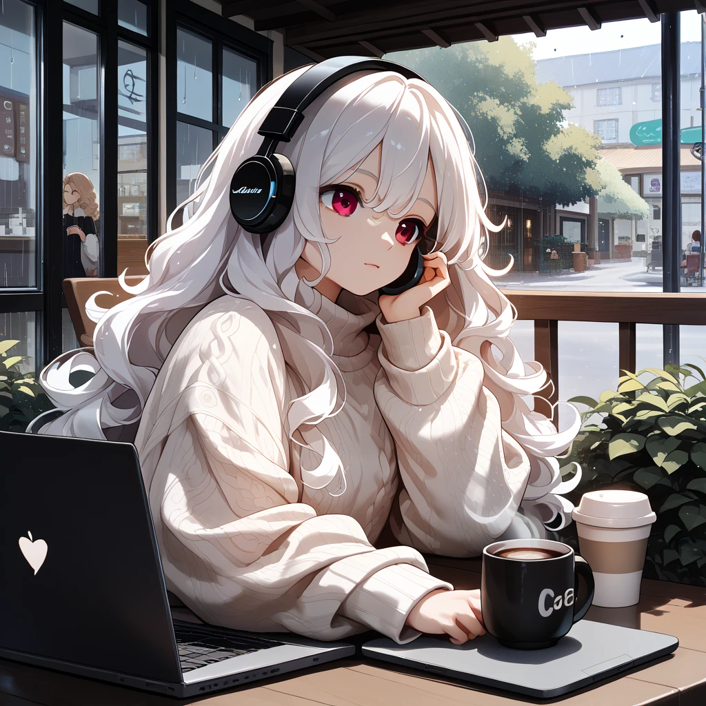 The most beautiful girl ever, Cafe、 headphones、rain、white hair, Long Hair, High Resolution, High Resolution, High Details, brown eyes, curly hair, coffee, oversized sweater, laptop,