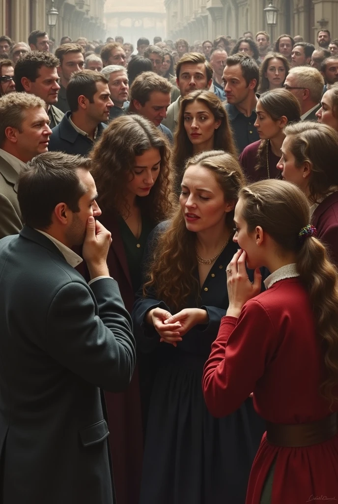 An overhead view of the crowd, capturing the diversity of emotions among those present.