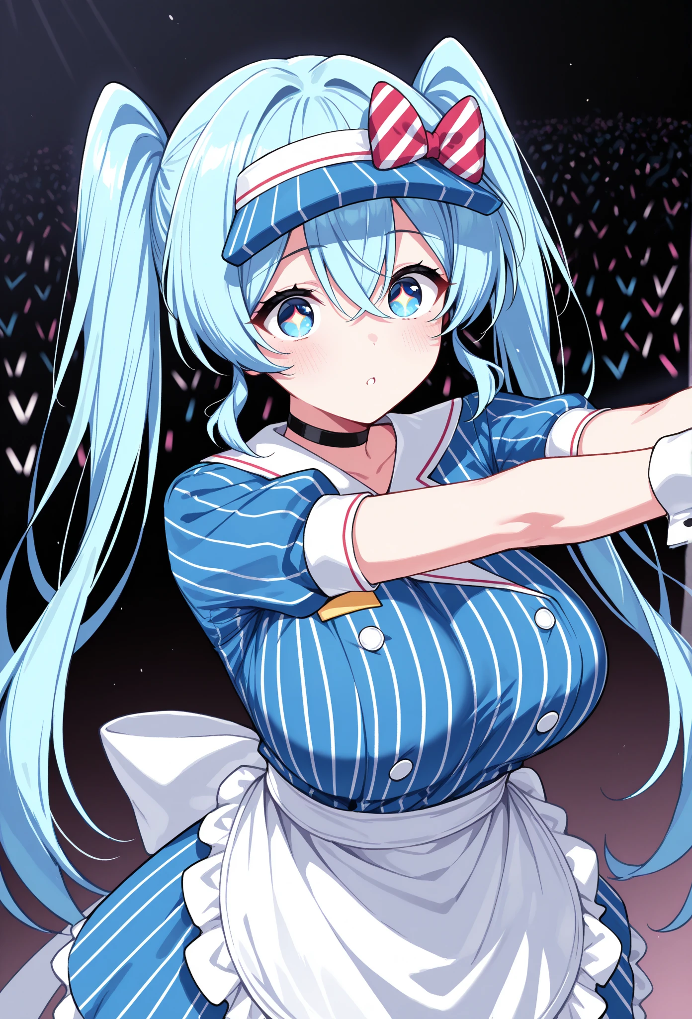 masterpiece,  top quality, Alone, 1 woman,  mesmeraizemiku , ,  looking at the audience ., Open arms ,  stretching out towards the audience,  blue hair,  eyes between the heads , Twin tails, Hair Bow,  striped bow ,  blue headwear , visor hat ,  blue eyes, vibrant eyes eyes, decoration,  blue dress ,  vertical striped dress , Button, Double breasted,  turning the bow backwards , white bow,  pouf short sleeve ,  Wrist Cuffs , white apron ,  Waist Apron ,  Frill Apron , Black Choker,  dark background, big boobs,Sternum,Peeled top,flushing,temptation
