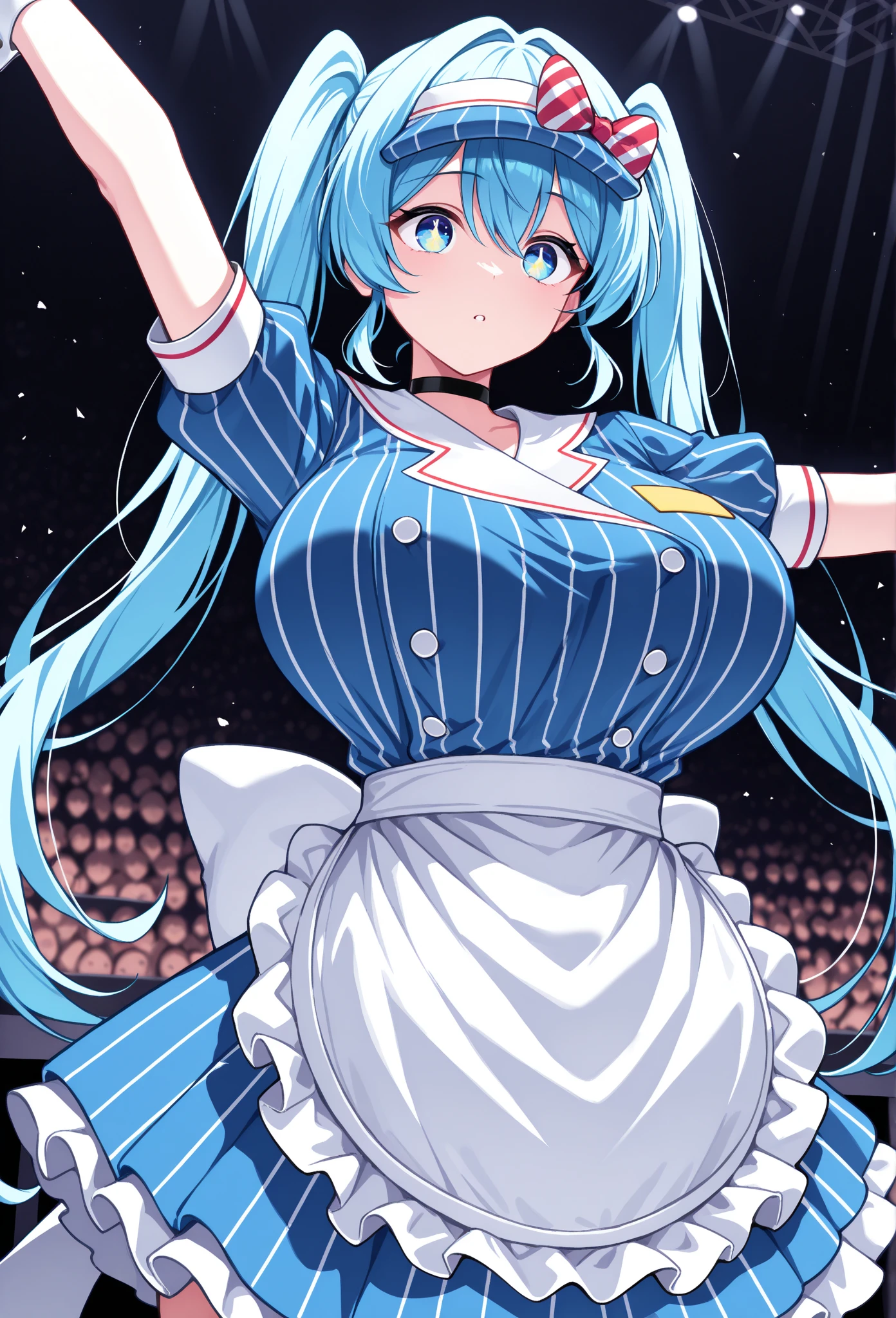 masterpiece,  top quality, Alone, 1 woman,  mesmeraizemiku , ,  looking at the audience ., Open arms ,  stretching out towards the audience,  blue hair,  eyes between the heads , Twin tails, Hair Bow,  striped bow ,  blue headwear , visor hat ,  blue eyes, vibrant eyes eyes, decoration,  blue dress ,  vertical striped dress , Button, Double breasted,  turning the bow backwards , white bow,  pouf short sleeve ,  Wrist Cuffs , white apron ,  Waist Apron ,  Frill Apron , Black Choker,  dark background, big boobs,Sternum,Peeled top,flushing,temptation
