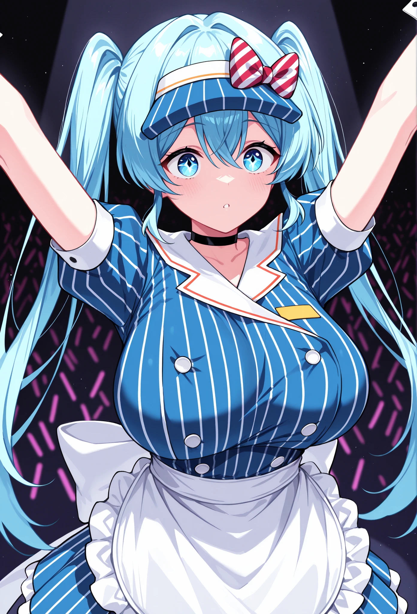 masterpiece,  top quality, Alone, 1 woman,  mesmeraizemiku , ,  looking at the audience ., Open arms ,  stretching out towards the audience,  blue hair,  eyes between the heads , Twin tails, Hair Bow,  striped bow ,  blue headwear , visor hat ,  blue eyes, vibrant eyes eyes, decoration,  blue dress ,  vertical striped dress , Button, Double breasted,  turning the bow backwards , white bow,  pouf short sleeve ,  Wrist Cuffs , white apron ,  Waist Apron ,  Frill Apron , Black Choker,  dark background, big boobs,Sternum,Peeled top,flushing,temptation
