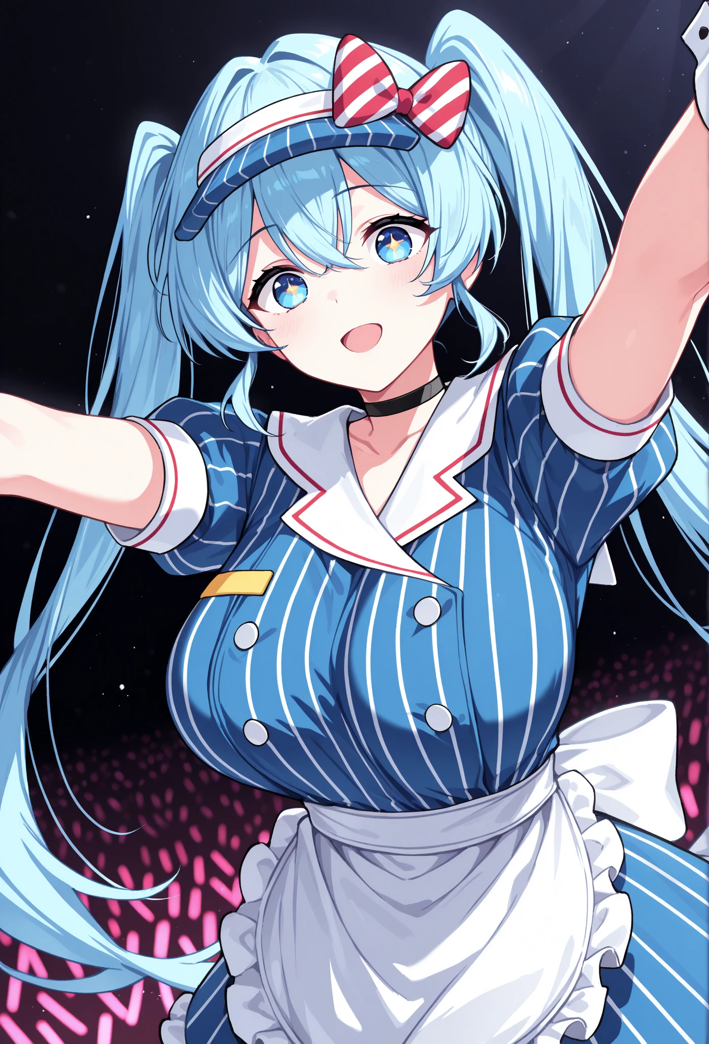 masterpiece,  top quality, Alone, 1 woman,  mesmeraizemiku , ,  looking at the audience ., Open arms ,  stretching out towards the audience,  blue hair,  eyes between the heads , Twin tails, Hair Bow,  striped bow ,  blue headwear , visor hat ,  blue eyes, vibrant eyes eyes, decoration,  blue dress ,  vertical striped dress , Button, Double breasted,  turning the bow backwards , white bow,  pouf short sleeve ,  Wrist Cuffs , white apron ,  Waist Apron ,  Frill Apron , Black Choker,  dark background, big boobs,Sternum,Peeled top,flushing,temptation
