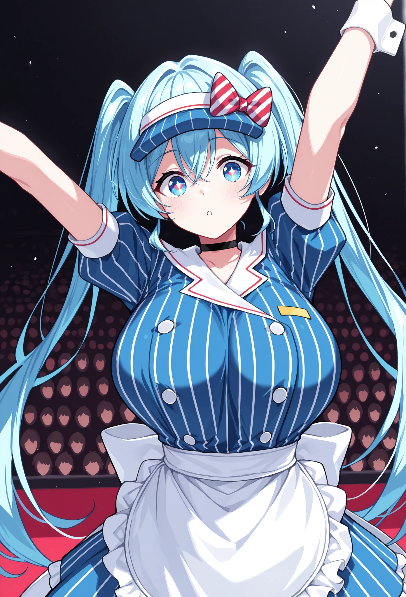 masterpiece,  top quality, Alone, 1 woman,  mesmeraizemiku , ,  looking at the audience ., Open arms ,  stretching out towards the audience,  blue hair,  eyes between the heads , Twin tails, Hair Bow,  striped bow ,  blue headwear , visor hat ,  blue eyes, vibrant eyes eyes, decoration,  blue dress ,  vertical striped dress , Button, Double breasted,  turning the bow backwards , white bow,  pouf short sleeve ,  Wrist Cuffs , white apron ,  Waist Apron ,  Frill Apron , Black Choker,  dark background, big boobs,Sternum,Peeled top,flushing,temptation
