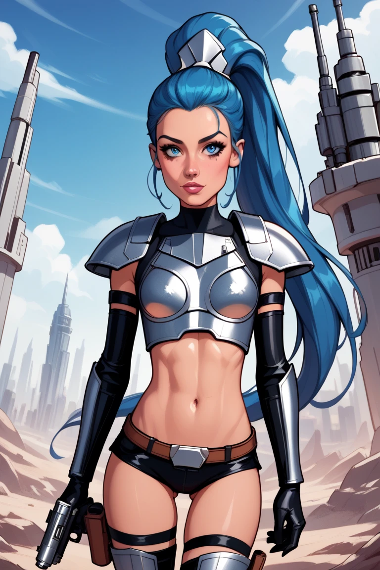 ((Highest quality)), ((young girl:1.5)), 18 year old, petite young gymnast, perky breasts, ((skinny, skinny tight ass, thigh gap)), star wars mercenary, futuristic armor, chest armor, micro shorts, thigh high armored boots, large hand gun, blue hair in a very long ponytail tide up with a ribbon, facing viewer, sweet and alluring innocent, ((aroused expression)), star wars cityscape at night