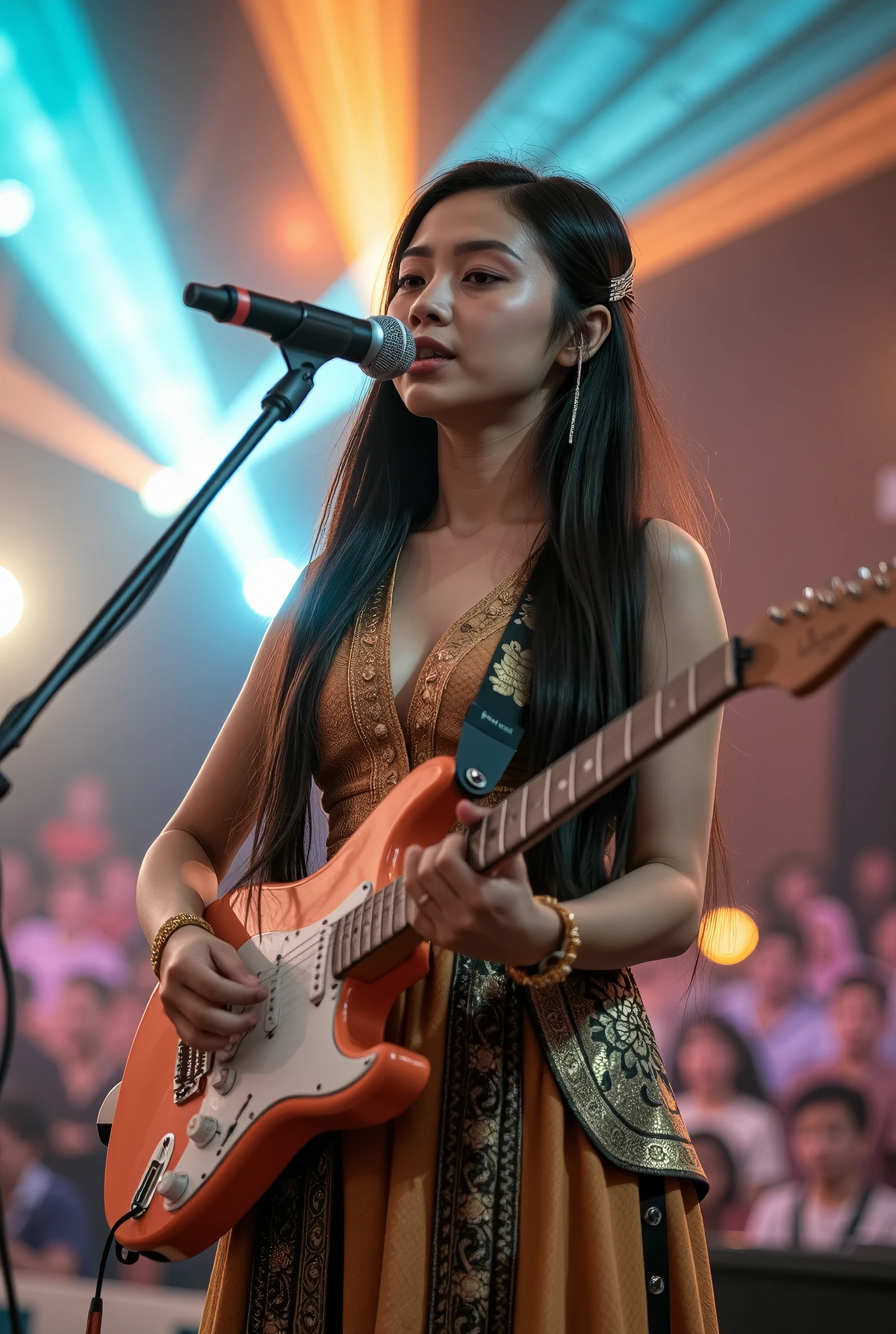 An elegant young woman performing on stage, wearing a modernized traditional Thai outfit mixed with contemporary elements. She has long, flowing hair adorned with intricate golden accessories, and she is playing an orange electric guitar with focus and passion. Stage lighting creates a vibrant and dynamic atmosphere, with teal and orange light beams highlighting her silhouette. Her makeup is soft and natural, and she has a wireless microphone headset. The background features a blurred audience and colorful stage lights, emphasizing the concert setting. 