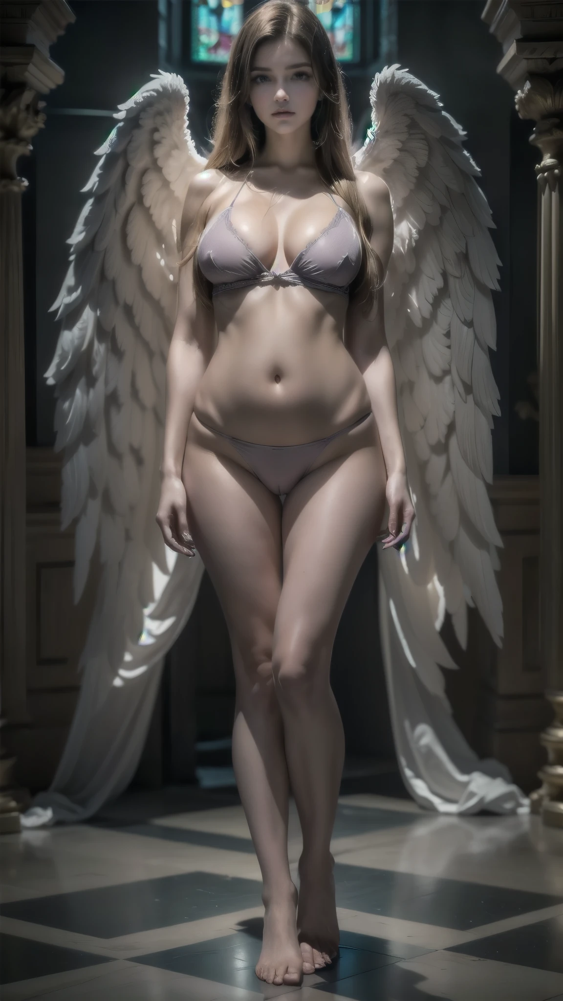  Full-body photorealistic female angel standing in a Gothic church chapel ,  red hair , hair in a braid ,  pretty face,  green eyes and full lips ,  to look .   ,  Athletic body ,  showing  legs and feet ,  dressed in a silver metallic bodice with intricate gothic details with a wide open neckline showing the belly.   sensual and relaxed pose  ,  beside the feet there is a menacing-looking snake , indoor lighting,  The room is dimly lit , The atmosphere is gloomy,  couple,  
([long hair hair]:1.8), (full body:1.8), (upper body up:0.3), (hyper realistic:1.4), (realistic:1.3), (best quality real texture skin), Detailed eyes, detailed face, PERSEPHONE, persephone, (SFW:1.5) Hyperrealistic, LESS saggy , (SMALL :1.5), (HUGE LEGS:1.5), (LESS THIGHS:1.5),  perfect legs ,  perfect legs , pernas added, pernas added e perfeitas,  shapely legs, toned thighs, pernas added, Smooth thighs. (  pose :1.5), (thick eyebrows:1.2), (big purple eyes:1.2), ( ultra detailed eyes:1.4), ( high resolution eyes :1.1), ( ultra detailed skin texture :1.4), (Beautiful toned body:1.1),  