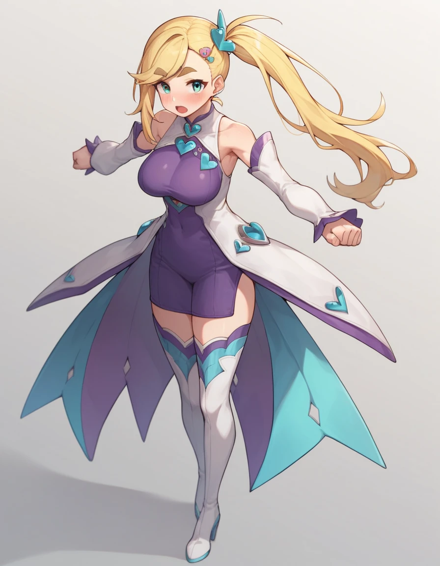 MinervaR0, aqua eyes, two-toned dress, white thighboots, purple bodysuit, swept bangs, asymmetrical hair, Mainfit,1girl, side ponytail, blonde hair, large breasts, open mouth, detached sleeves, long hair, white background, simple background, bare shoulders, heart hair ornament, single sidelock, looking at viewer, clenched hands, full body, standing, white footwear, blush, frills, :o aqua eyes, thick eyebrows,