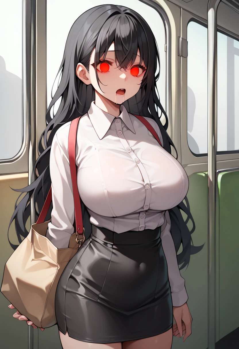 Masterpiece,source_anime,A Solo woman,black hair,straight long hair,large breast,business suits,tight skirt,hand bag,standing,arms straight down,dazed,BREAK,glowing red eyes,empty eyes,chestnut mouth,open mouth,drooling,saliva,salivatrail,in subway car,cowboy shot