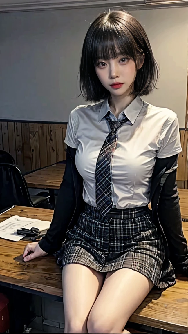  full body shot、Woman sitting at desk 、Woman with legs crossed 、 gal makeup、Long nails、Long Nails、Big Breasts、 big breasts、 deep cleavage、 long legs 、 beautiful feet、 wearing a black cardigan loosely、White short-sleeved shirt、No.２ button-open shirt 、 loosely wearing a red tie 、 plaid mini skirt、 check pattern gray miniskirt 、 loose socks、白色の loose socks、 Black Loafers 、Blue student bag 、 detailed background、 school classroom、Inside the school、 blackboard 、チョークで文字の描かれた blackboard 、School Machine、 school chair
