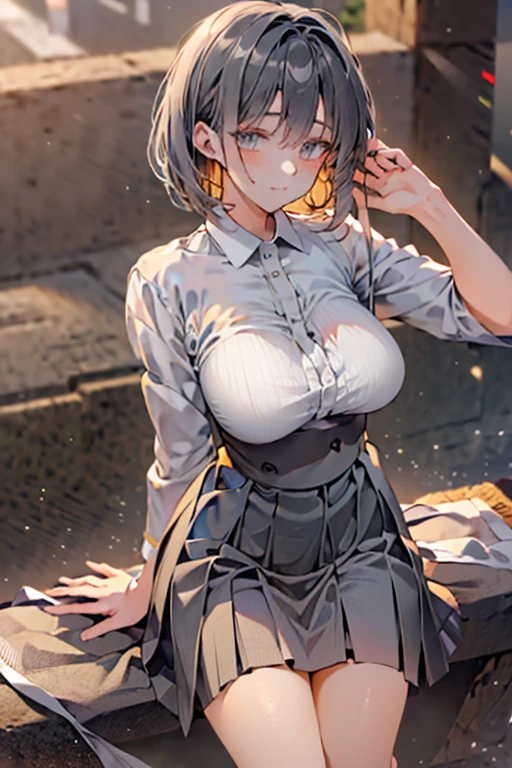 Woman shooting a gun、Muzzle exploded、((excluding sight)),A detailed depiction of an automatic rifle,Synchronize your gaze and body direction、(((perfect anatomy:1.4,realistic:1.4,RAW Photography:1.4,masterpiece、highest quality、Ultra - High resolution、High resolution、Highly detailed CG, 64K))),cowboy shot,1 female,solo、18 year old beauty,Japanese,((beautiful detailed face and eyes:1.3,big gorgeous eyes:1.3,gray eyes)),black hair,short bob hair,blunt bangs,blush,(medium breasts,slender body,small head:1.3,skinny),(gleaming skin:1.4,oily skin,shiny skin),(Female Soldier, White open unbuttoned collared shirt, Pleated black micro skirt), kneeling with legs spread invitingly, High-rise building rooftop、at night、moonlight,