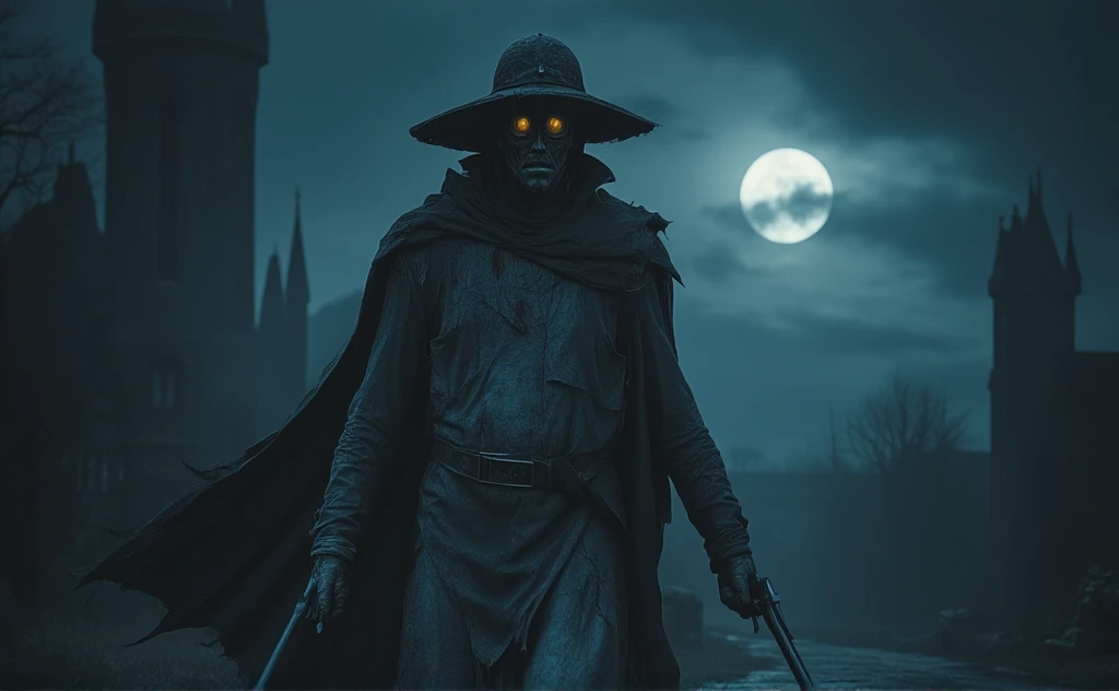 The great witch hunter. He is wearing a long ragged Black and white raincoat. He has heavy revolvers in his two hands. He wears a wide-brimmed hat on his head. There is an iron gas mask on his face, in which his eyes burn with gold. He walks through an empty Gothic European city at night. There is a Gothic cathedral nearby. The atmosphere is gloomy. Black sky, black clouds. a bright moon. Pale blue lighting. horror