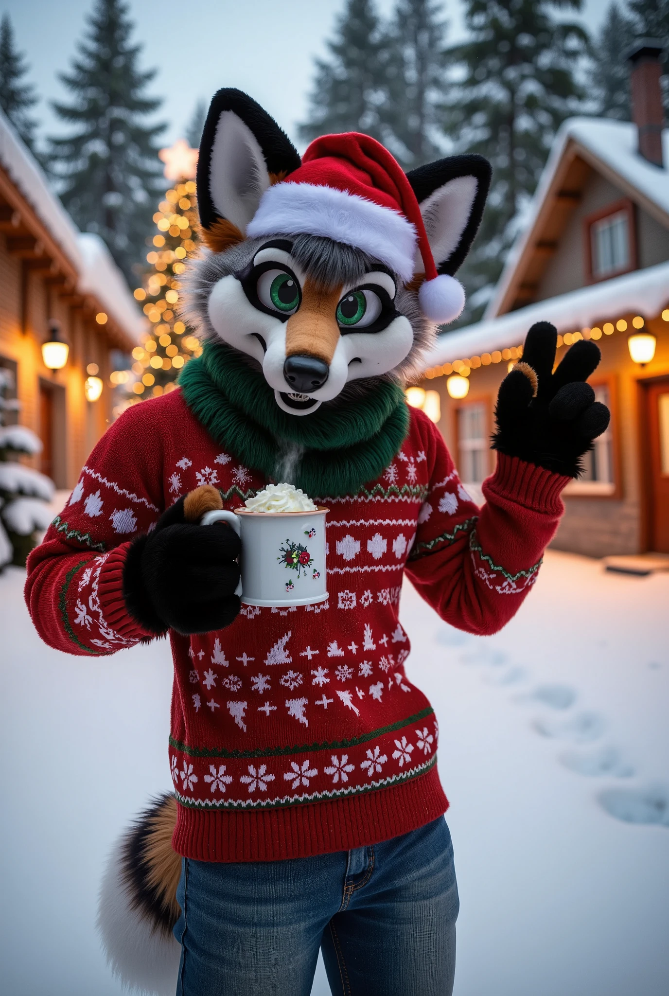 "Anthropomorphic male fox, adult, muscular build, celebrating Christmas outdoors in a winter wonderland. His fur is a striking mix of black and white, complemented by bright green eyes that shine with holiday cheer. He's dressed in a festive Christmas-themed outfit: a red Santa hat perched playfully on his head, a green scarf wrapped around his neck, and a cozy red sweater with snowflakes and holiday patterns. He is wearing comfortable jeans and festive socks, adding to the relaxed holiday vibe.

The fox stands in a snowy landscape with soft, gentle snowflakes falling around him. One hand is holding a steaming mug of hot chocolate with whipped cream, while the other is making a peace sign in the air. He smiles widely, showing his joyful and energetic personality, reflecting the warmth and joy of the season. His tattoos, now slightly visible beneath the sweater sleeves, add a personal touch to his otherwise festive attire.

Behind him, the scene is decorated with Christmas lights strung along trees, a sparkling Christmas tree in the background, and a soft glow from streetlamps. The surroundings are a wintery, magical landscape, with snow-covered trees and a distant view of a cozy cabin with warm lights shining through the windows.

Style: Hyperrealistic 3D rendering, ultra-detailed textures, cinematic lighting with a warm, golden hue to emphasize the holiday atmosphere. The snow and lighting effects create a soft glow around him, enhancing the Christmas magic. The scene conveys joy, friendship, and the spirit of Christmas, with a playful and festive mood. 