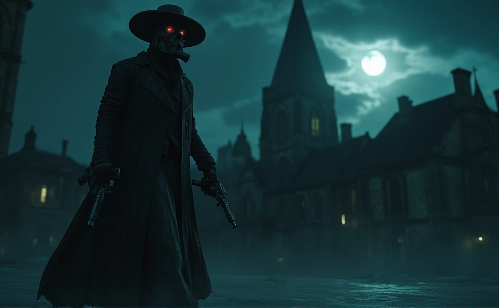 The great witch hunter. He is wearing a long ragged Black and white raincoat. He has heavy revolvers in his two hands. He wears a wide-brimmed hat on his head. There is an iron gas mask on his face, his eyes are burning red. He walks through an empty Gothic European city at night. There is a Gothic cathedral nearby. The atmosphere is gloomy. Black sky, black clouds. a bright moon. Pale blue lighting. horror