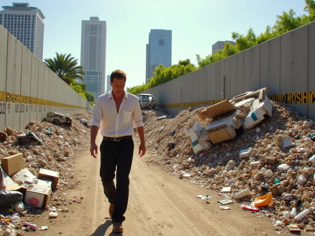 cinematic wide shot of rico as a futuristic assassin in black slacks and a white button up shirt and tie, all dirty and torn from his adventures, crossing a vast garbage field. This garbage field is the dumping ground for mountains of broken down robots and futuristic vehicles, heaped in piles stretching as far as the eye can see. It is a bright sunny day. Rico is trudging back towards the skyscrapers of civilization, barely visible in the distance. The garbage field is up against a tall concrete border wall, with the words "NO CROSSING" printed on it over and over in big yellow and black letters. On the other side of the border wall, the tops of trees are visible, as if that side of the border is verdant and this side is a wasteland of garbage.