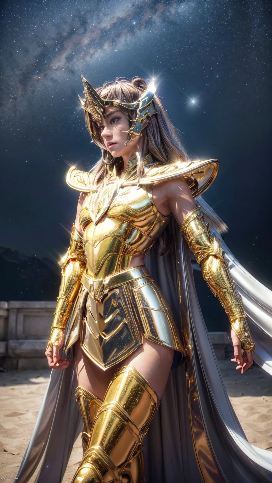 greek temple,atenea,Large breasts,Heavy armor,dynamicposes,dramatics,A high resolution,photorealestic,best qualityer,Starcloud,galactic,magia,half-body shots
