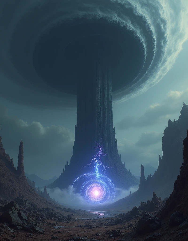 A towering dark structure pierces a desolate, dystopian landscape. The tower looms ominously, surrounded by swirling black clouds and an eerie glow. Above it, a massive black vortex spirals endlessly, pulling fragments of debris and light into its void. A wormhole crackles with energy at the base of the tower, radiating blue and purple hues, distorting the air around it. The terrain is barren, littered with ruins of a once-thriving civilization, now reduced to ash and twisted metal. The scene is shrouded in shadows, evoking a sense of despair and the unknown.