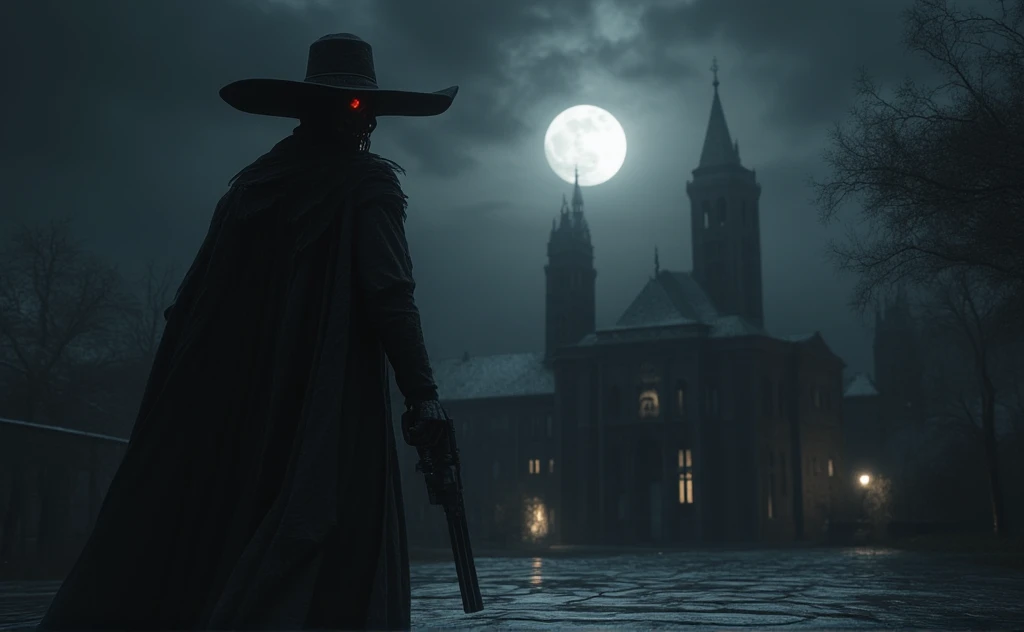 The great witch hunter. He is wearing a long ragged Black and white raincoat. He has heavy revolvers in his two hands. He wears a wide-brimmed hat on his head. There is an iron gas mask on his face, his eyes are burning red. He walks through an empty Gothic European city at night. There is a Gothic cathedral nearby. The atmosphere is gloomy. Black sky, black clouds. a bright moon. horror