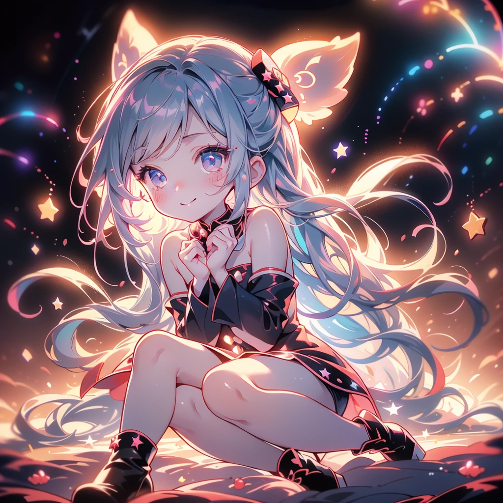 (MASTERPIECE)、(Top quality anime illustrations)、(ultra definition)、girl 1 person、solo、Beautiful girl with silver hair、Anime Loli、Cat eared loli、Little Devil Girl、see-through dresses、Sleeveless、a smiling look、Cleavage emphasis、Lower milk emphasis、thights、demons、Official art