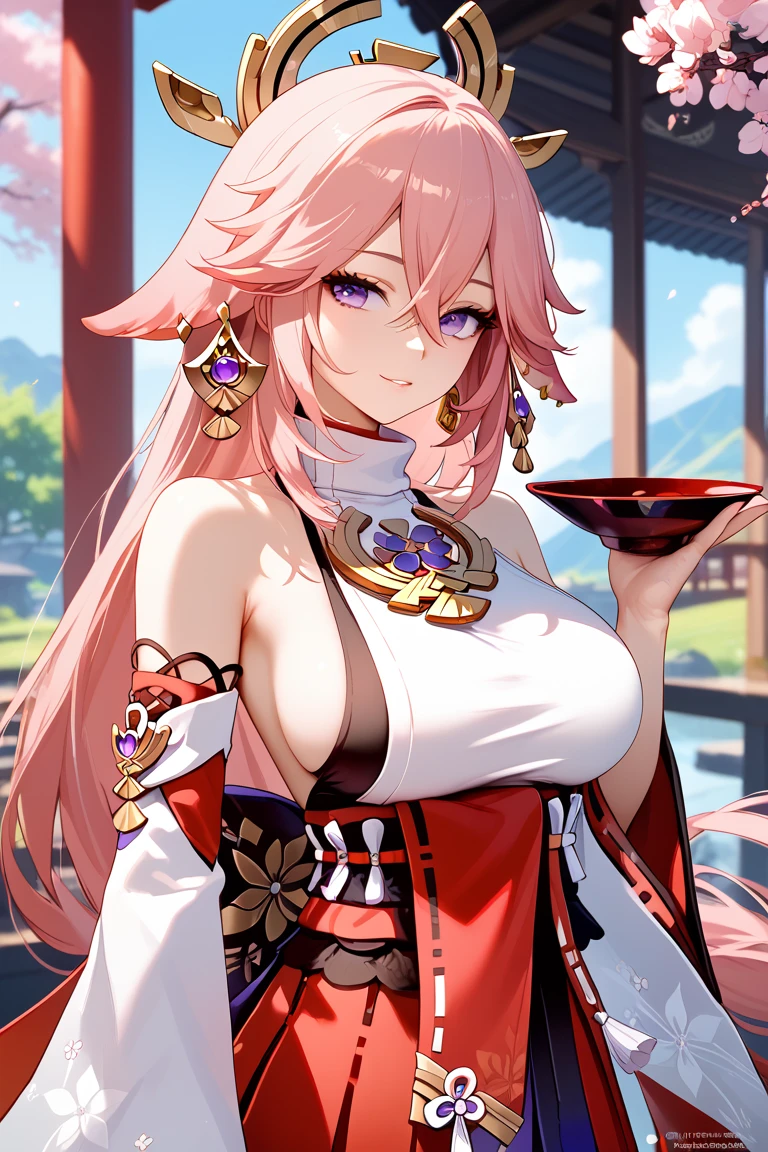 4k, masterpiece, best quality, ultra detailed, high resolution, super fine illustration, yae_miko(genshin impact), 1girl, solo, tipsy, long hair, pink hair, purple eyes, bangs, hair between eyes, large breasts,white shirt, sleeveless shirt, turtleneck, hakama, detached sleeves, white sleeves, wide sleeves, earrings, drinking sake,