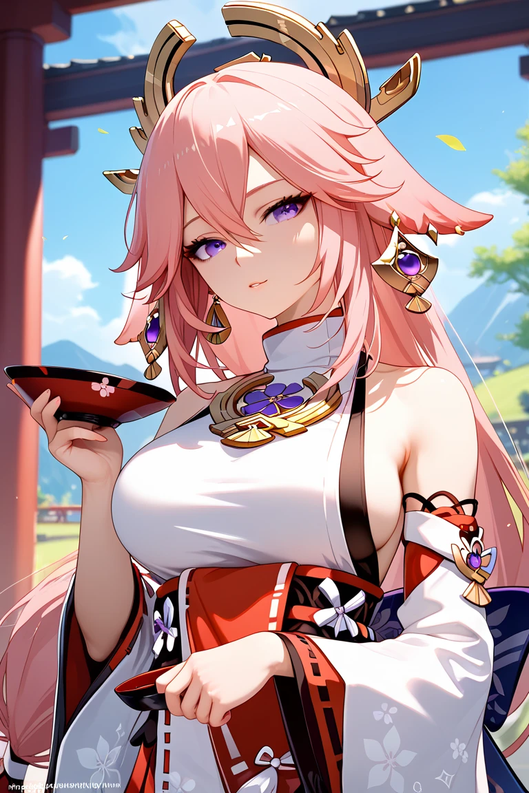 4k, masterpiece, best quality, ultra detailed, high resolution, super fine illustration, yae_miko(genshin impact), 1girl, solo, tipsy, long hair, pink hair, purple eyes, bangs, hair between eyes, large breasts,white shirt, sleeveless shirt, turtleneck, hakama, detached sleeves, white sleeves, wide sleeves, earrings, drinking sake,